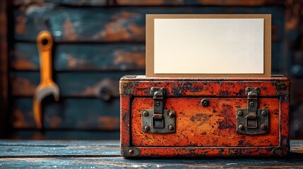 A blank card sits on a rustic distressed orange toolbox evoking a sense of readiness and space for messages