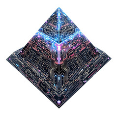Cybernetic Pyramid A Futuristic Tech-Infused Structure with Glowing Digital Pathways and Circuitry