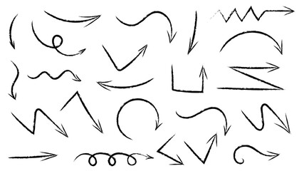 Black crayon arrow sketches with coal texture and hand drawn. Curved spirals, loops, and straight pointers with coal strokes. Navigation elements.