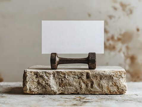 Blank white card placed on a rustic antique dumbbell stand symbolizing strength and resilience