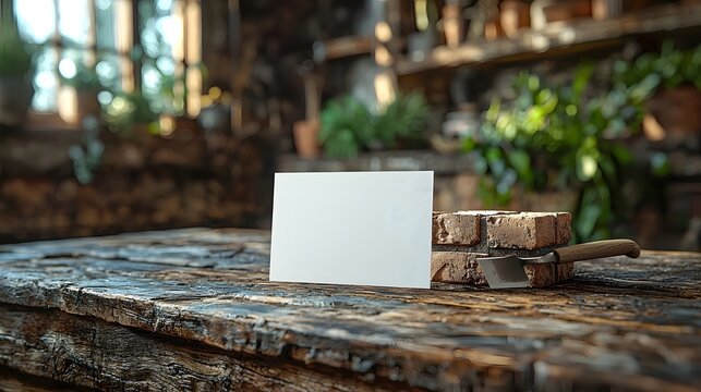 A blank white card placed on a rustic wooden table beside a brick and a small gardener s trowel