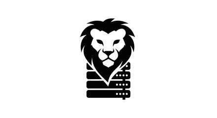 Powerful lion head combined with a technology server rack logo.