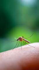 Fototapeta premium Mosquito standing on human skin with green blurred background, preparing to bite and suck blood, transmitting diseases like zika, dengue, chikungunya and malaria