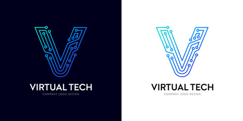 V letter logo design for Ai transformation, automated technology in circuit electric line typographic innovation tech. Futuristic cyber gradient blue text for brand company. Digital techno logo title.