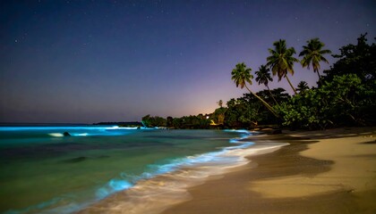 Magical glowing blue tide from bioluminescence on a serene tropical island beach under a starry night sky with palm trees