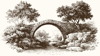Vintage Engraved Illustration Set of Stone Arch Buildings