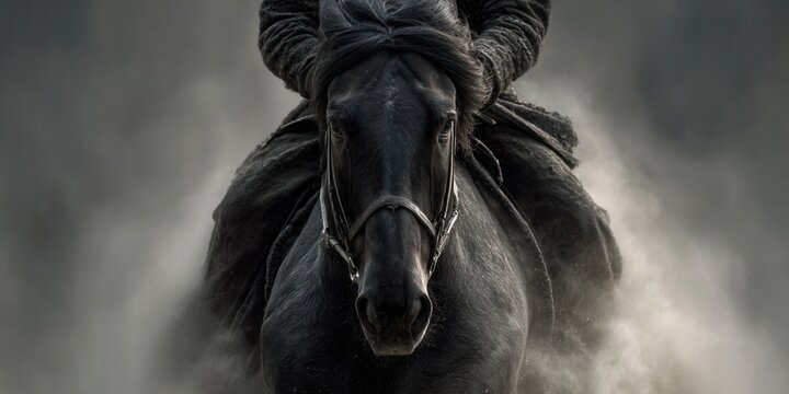 Warrior on a black horse in a dusty biblical desert landscape. ancient rider and steed in a battle or travel scenario.