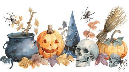Watercolor Halloween Elements with Jack o lantern Pumpkin