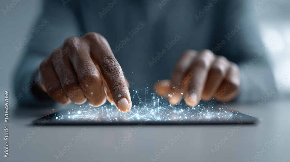 Poster businessman is using futuristic digital tablet with artificial intelligence network, touching the sc