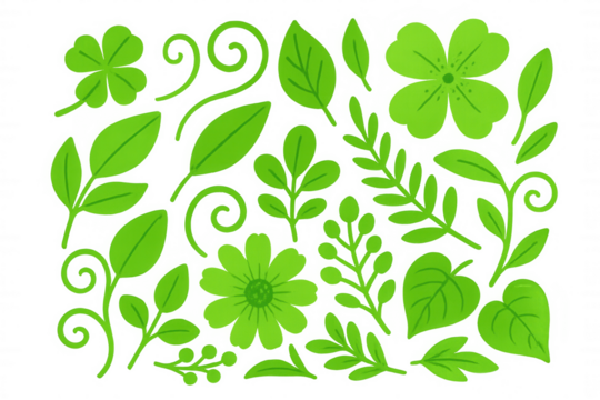 Green botanical elements composing lush natural pattern against transparent backdrop