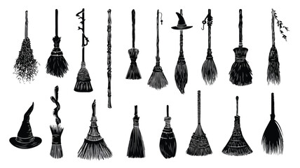 Witch Brooms Vector Silhouette Illustration Set