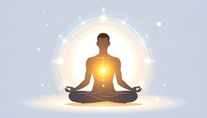 Meditating silhouette with glowing energy aura and heart chakra light, symbolizing spiritual well-being and inner peace.