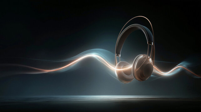 Modern headphone with orange and blue light trails. Digital sound wave for music and audio experience concept