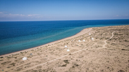 The panorama of Issyk Kul Lake in Kyrgyzstan