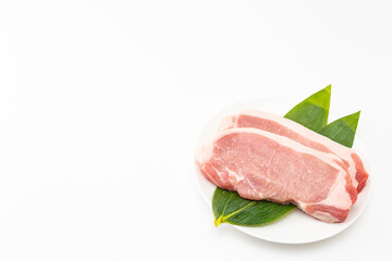 皿に乗った豚ロース肉　白バック