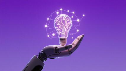 Robotic Hand Holding Glowing Bulb with Neural Network Design in Purple Futuristic Background - Symbolizing Innovation and Technological Advancement
