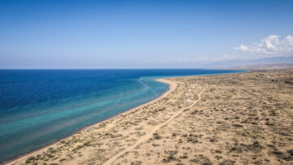The panorama of Issyk Kul Lake in Kyrgyzstan