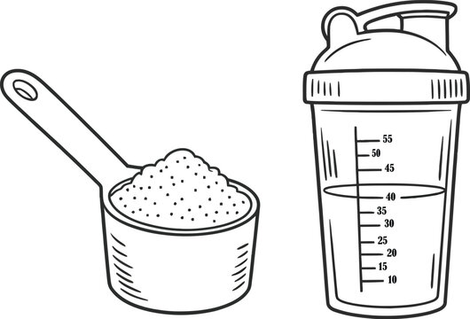 Outline drawing of protein powder scoop and shaker bottle