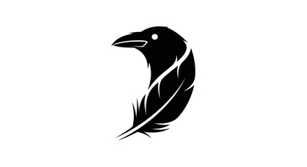 Stylized Black Raven Head and Feather Logo Design.
