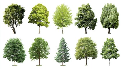 Twelve diverse trees against white background.  Various shades of green foliage,  different shapes and sizes,  isolated