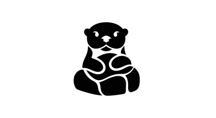 Simple black silhouette of a cute otter holding a stone.