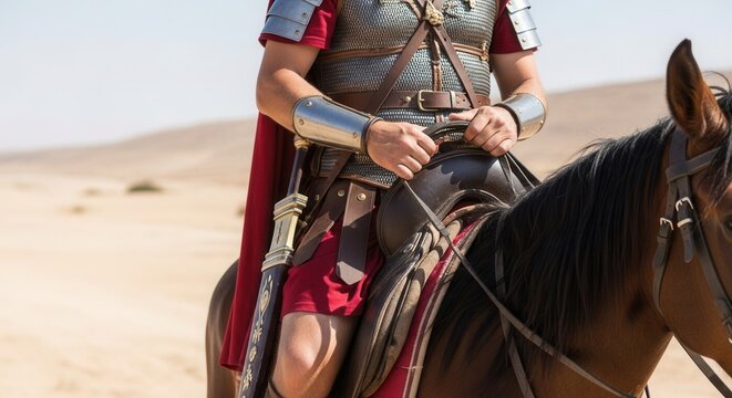 Man roman rider on horse back. Roman soldier concept. Biblical times and historical desert landscape. Ancient warrior.