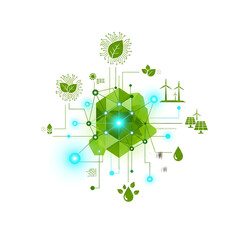 Abstract representation of green technology, sustainable energy and smart ecosystem interconnectedness