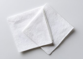 Two white square paper napkins folded atop each other, laid flat on a light gray surface