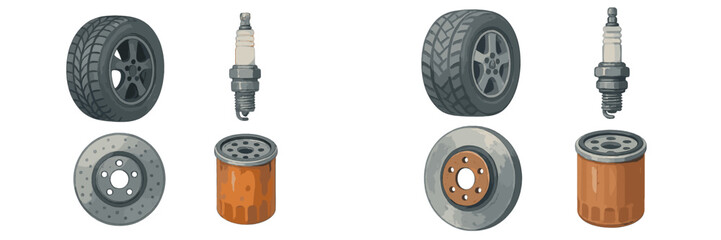 Essential automotive parts collection featuring tires, spark plugs, brake discs, and oil filters for vehicle service