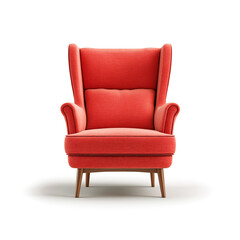 Red upholstered armchair with wooden legs on white background, retro modern style. AI generated