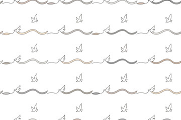 Obraz premium Seamless pattern featuring stylized birds and wavy lines on a white background repeating design art