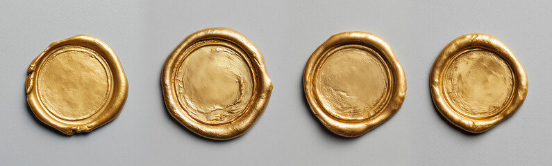 Row of four antique gold wax seals aligned on neutral gray studio background. AI generated