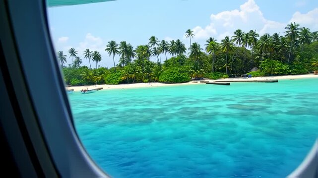 Aerial View of Tropical Island Paradise Through Airplane Window, Azure Waters