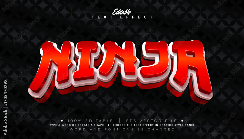 Poster asian ninja 3d text effect design editable vector graphic style with shadow and red white lettering 