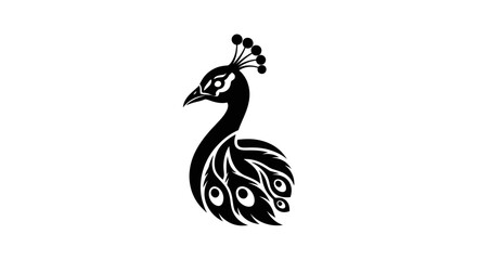 Stylized Black Peacock Illustration with Ornate Feathers and Crest.