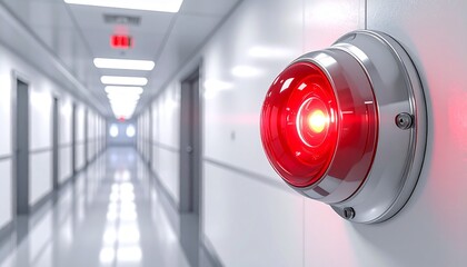 Photorealistic close-up wide-angle shot of ringing fire alarm bell in modern office hallway, red flashing light on walls, metallic textures, cinematic DSLR depth of field.