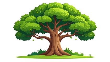 Lush Green Cartoon Tree Illustration. Vibrant Nature Element with Full Foliage and Sturdy Trunk on White Background.