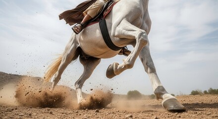 Man riding white horse running on desert terrain, kicking up sand and dust. Dynamic action shot for historical or adventure concepts.