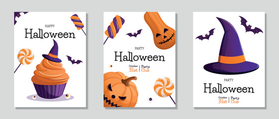 Halloween flyer set with candies, bats, scary pumpkins, witch hat, and cupcake. Vector illustration for poster, banner, invitation, sale, or flyer.