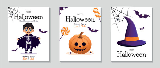 Halloween flyer set. Boy in costume, scary pumpkins, witch hat, lollipops and cupcake. Vector illustration for poster, banner, invitation, sale or flyer.