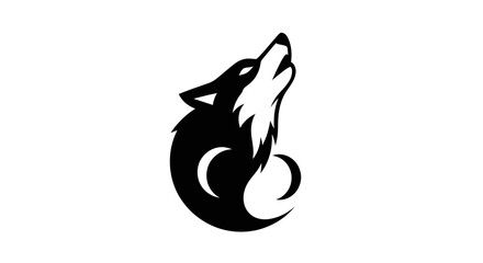 Stylized Black and White Wolf Howling with Crescent Moon Symbol.