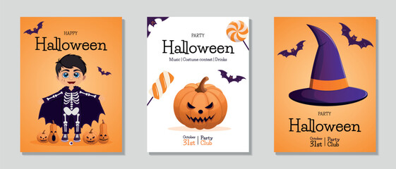 Halloween flyer set. A boy in a skeleton costume, scary pumpkins, a witch's hat, lollipops, a bat, and a cupcake. Vector illustration for a poster, banner, invitation, sale, or flyer.