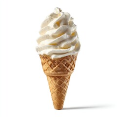 A single serving of creamy, vanilla soft-serve ice cream in a crisp waffle cone, set against a pure white background