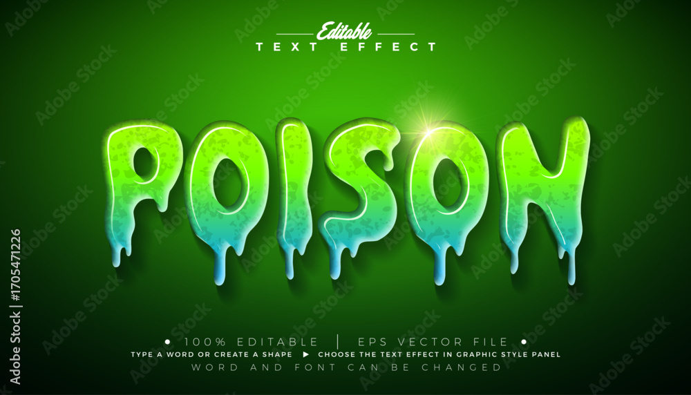 Poster poison editable text effect vector graphic style with shadow and glossy plastic 3d typography on gre