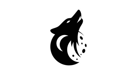 Stylized Black Wolf Howling at Crescent Moon Logo.