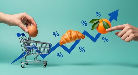 Hands adding egg to shopping cart with croissant and orange, symbolizing rising food prices