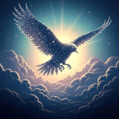Majestic Starry Eagle Soaring Above Clouds into a Golden Radiant Sky at Dawn, a Symbolic Celestial of Light