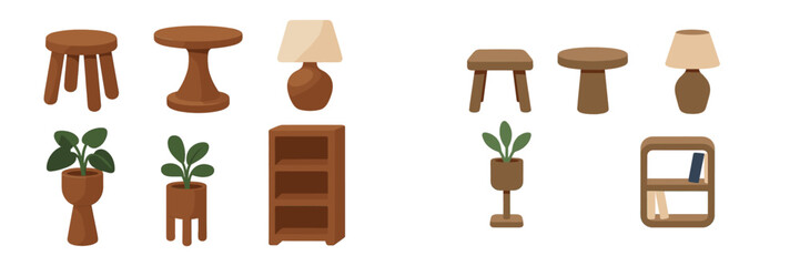 Modern minimalist home furniture and decor items including stools, tables, lamps, plants, and bookshelves