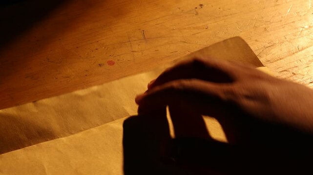 Close-up of someone opening a dummy document, a confidential invoice for surveillance equipment, marked with red paid stamp. tucked into an envelope