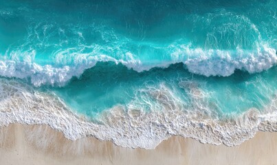 Aerial view of turquoise waves crashing on a sandy beach (5)